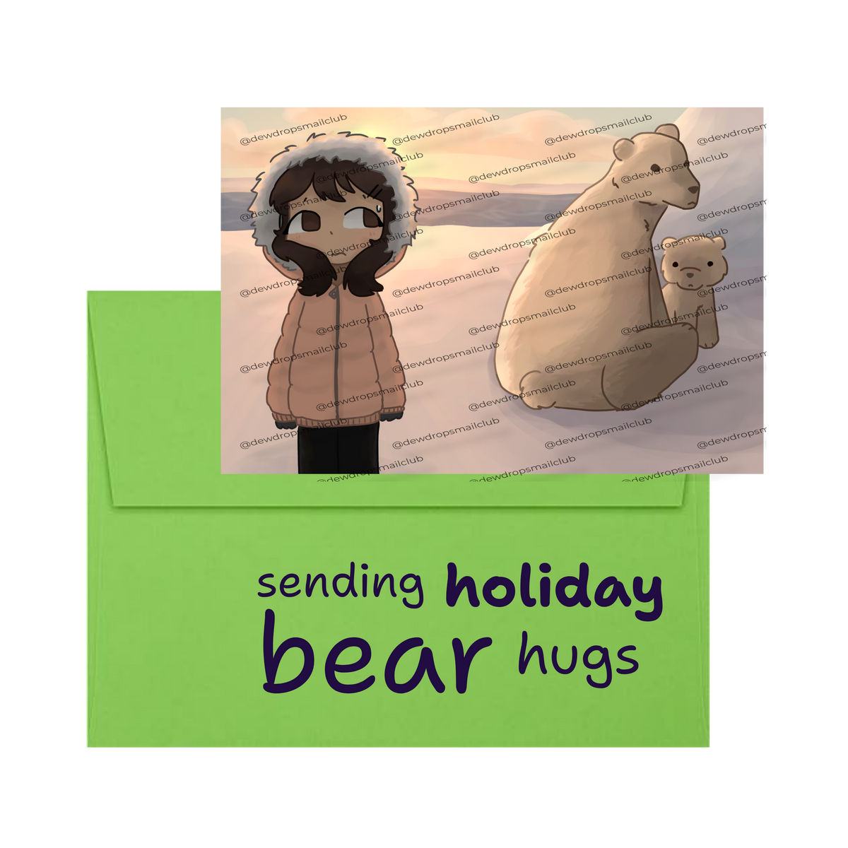 A postcard showing a girl wearing winter outerwear and a polar bear mother and her cub. The bright green envelope features the text 'sending holiday bear hugs' in black.