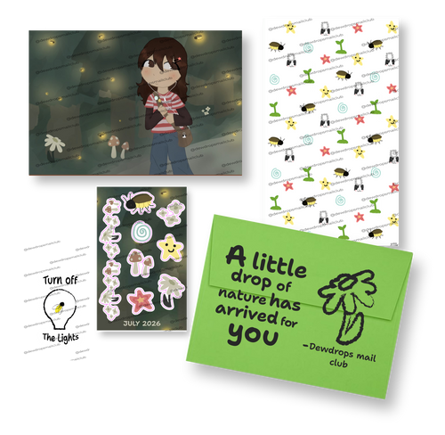 A collage of physical stationery and art designs, including an illustration of a character surrounded by fireflies, a patterned sheet, sticker sheet, a light bulb graphic sticker, and a green envelope card with text.