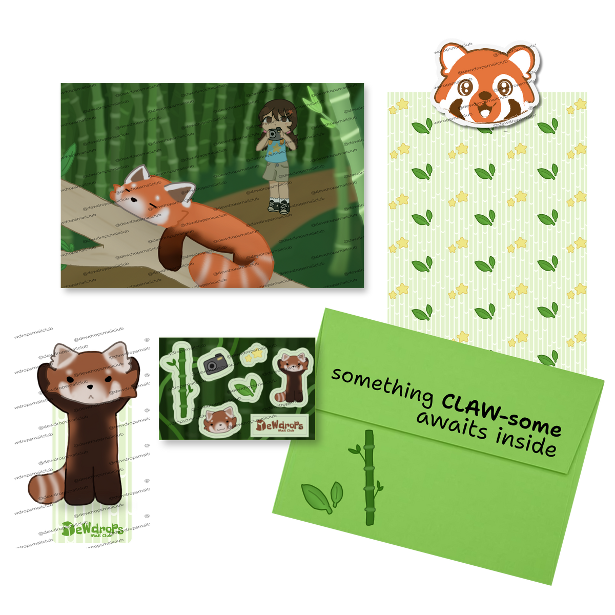 A coordinated stationery and sticker set featuring a red panda illustration and bamboo-themed graphics. The set includes a green envelope with the phrase 'something CLAW-some awaits inside,' a patterned paper sheet, a printed postcard, a sheet of stickers, and a bookmark displaying a standing red panda illustration.