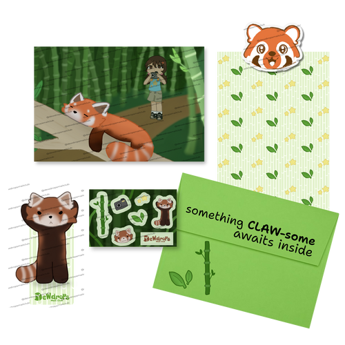 A coordinated stationery and sticker set featuring a red panda illustration and bamboo-themed graphics. The set includes a green envelope with the phrase 'something CLAW-some awaits inside,' a patterned paper sheet, a printed postcard, a sheet of stickers, and a bookmark displaying a standing red panda illustration.