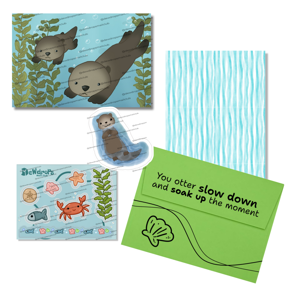 A coordinated set of ocean-themed stationery items including a die-cut otter sticker, a printed postcard with underwater artwork, a green envelope with a seashell illustration and text, a sticker sheet, and a blue-and-white striped paper sheet, arranged on a white background.