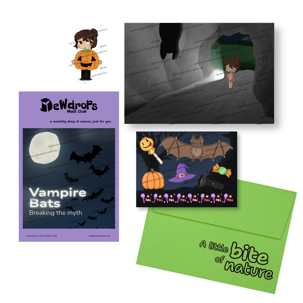 A collage showing a physical vampire bats themed stationery set: a purple cover zine reading 'Vampire Bats Breaking the myth,' a green envelope with 'A little bite of nature,' a cartoon bat illustration sticker sheet, and a small character illustration sticker on a white background.