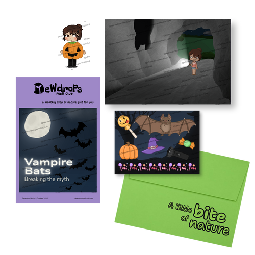 A collage showing a physical vampire bats themed stationery set: a purple cover zine reading 'Vampire Bats Breaking the myth,' a green envelope with 'A little bite of nature,' a cartoon bat illustration sticker sheet, and a small character illustration sticker on a white background.